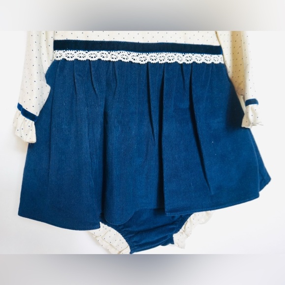 Navy and Cream Baby Dress with Bonnet - Picture 3 of 3